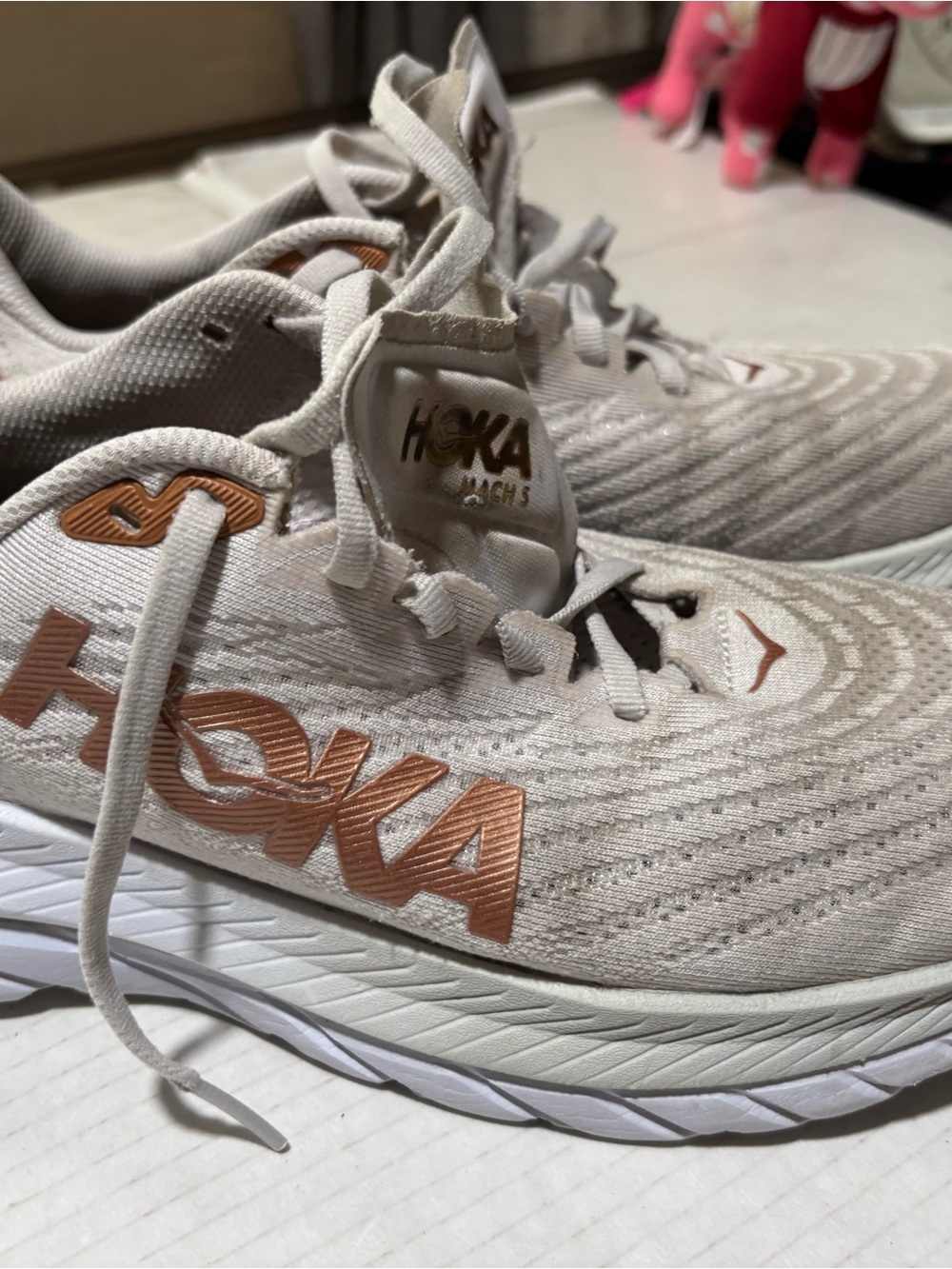 Hoka White Running Shoe with Rose Gold Logo Accents - Picture 2 of 10